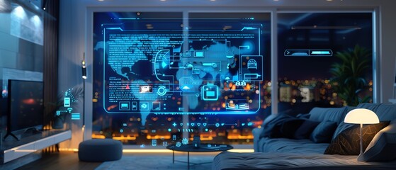 Smart home, voiceactivated controls, holographic AR interface, futuristic design