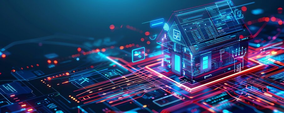 IoT security, holographic data visualization, futuristic home tech, dark background