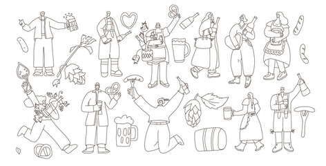 Set of Oktoberfest doodle characters. Beer festive people kit. Vector collection illustration isolated on white background.
