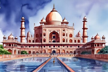 Fototapeta premium Stunning Watercolor Art of Akshardham Temple in India Showcasing Architectural Beauty and Spiritual Significance