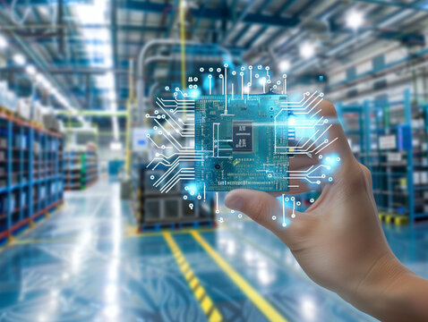 Holding cutting-edge computer chips in front of a high-tech warehouse background, showcasing blue and white themed innovation, and promoting convex microscopy technology marketing