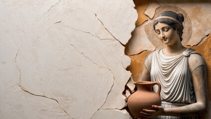 A woman holding a pot appears from a cracked wall in an artistic display