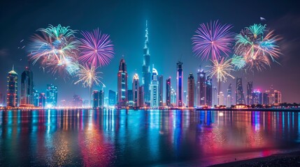 Fireworks light up the night sky above the skyline, creating a lively atmosphere by the waterfront