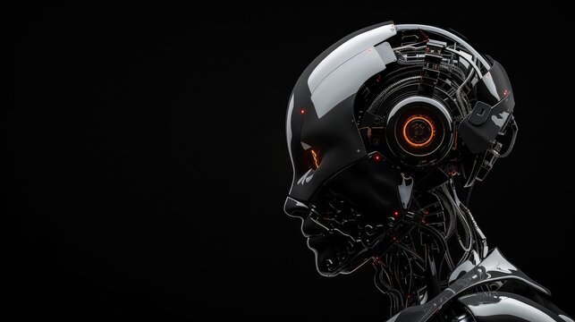 Alien robot or detailed humanoid cyborg. Side in profile view. Isolated on black background. 3d rendering AI generated