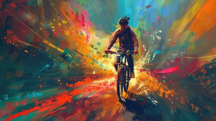 young man riding a bicycle with a colorful energy, digital art style, illustration painting AI generated