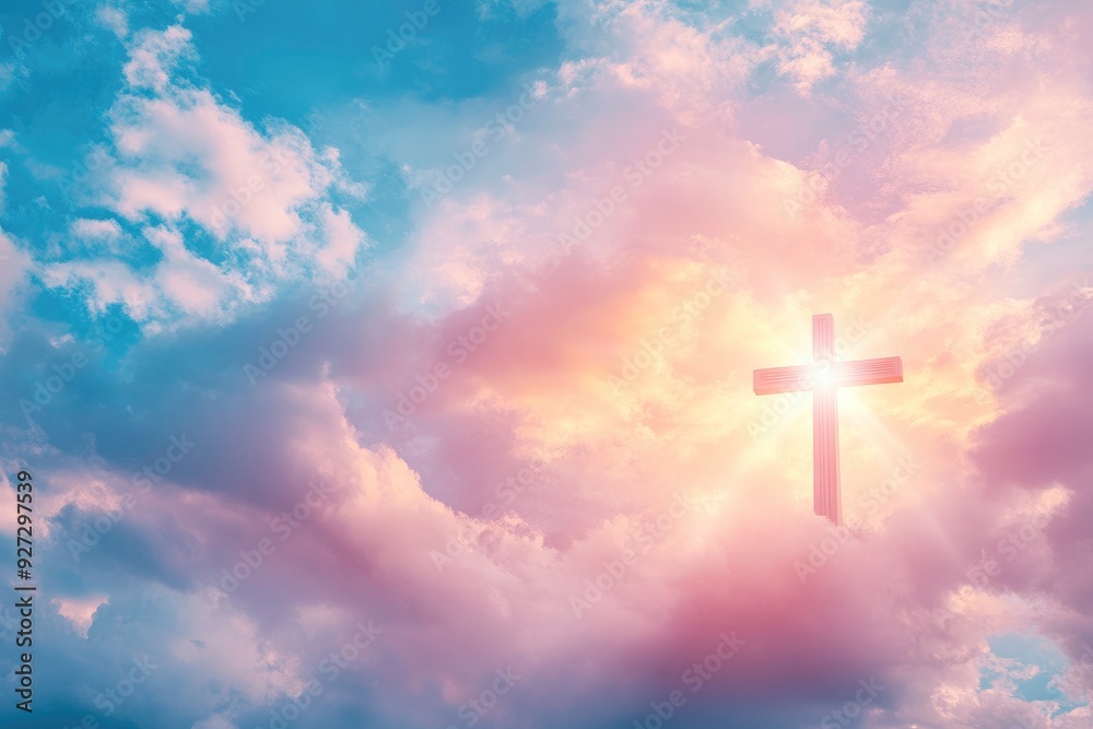 Wall mural christian cross appeared bright in the sky with soft fluffy clouds, white, beautiful colors. with th