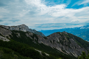 Panoramic view of majestic mountain peak Luserwand in Schladming, Schladminger Tauern, Styria, Austria. Hiking trail in Austrian Alps in spring. Remote alpine landscape. Wanderlust. Snow capped ridges