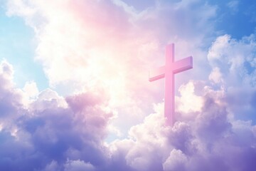 Christian cross appeared bright in the sky with soft fluffy clouds, white, beautiful colors. With the light shining as hope, love and freedom in the sky background , ai