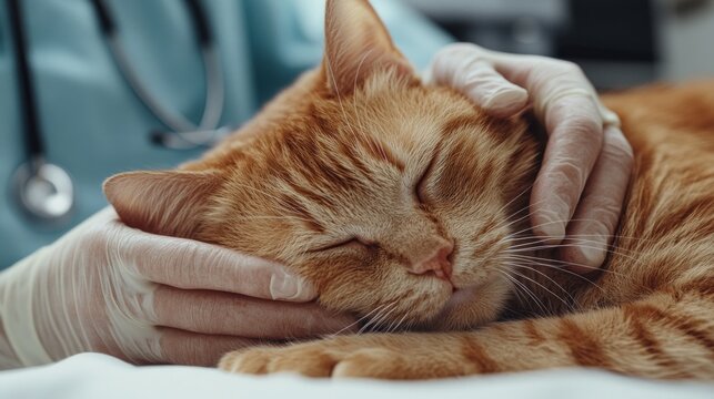 Veterinarian gently massages elderly cat with arthritis during a wellness check