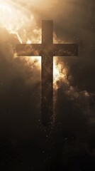 Fototapeta premium Silhouette of cross on dark background, bathed in golden-brown light. Bright spots create radiant atmosphere, breaking through clouds or smoke-like effect.