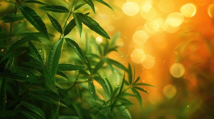 lush green plants employing a bokeh effect for texture burst against a vibrant 1920 by 1080 pixel orange canvas, abstractly emphasizing depth, free from any human faces, digital render