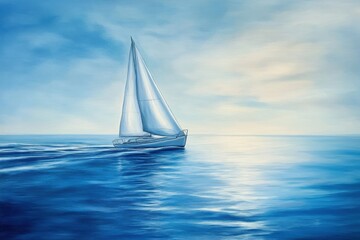 Sailing boat gliding across calm blue waters at dusk with gentle waves and a serene atmosphere