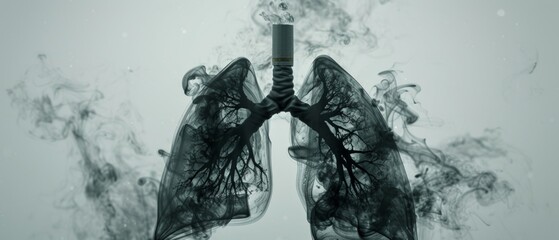 Artistic image shows lungs made of smoke threads with a cigarette harming tissue. Gray and black shades signify damage from smoking.
