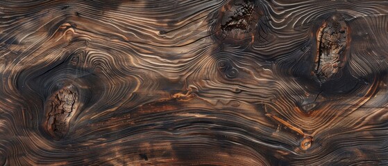 Close-up of charred wooden surface with dark brown color, highlighting grain swirls, arc shapes, and ring patterns. Rustic look with cracks, holes, and carbon wavy lines, giving organic appearance.