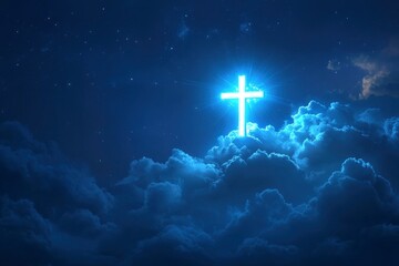 Naklejka premium Concept of christian religion shining cross on the background of cloudy night sky. Dark sky with cross and cloud. Divine shining heaven, light. Religious background , ai