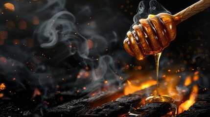 Photo-realistic illustration, honey dipper dripping golden honey, resting on a fiery grill, smoke rising, intense glowing embers, rich black background AI generated