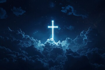 Fototapeta premium Concept of christian religion shining cross on the background of cloudy night sky. Dark sky with cross and cloud. Divine shining heaven, light. Religious background , ai