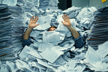 An officer submerged in papers, symbolizing the overwhelming nature of excessive workloads