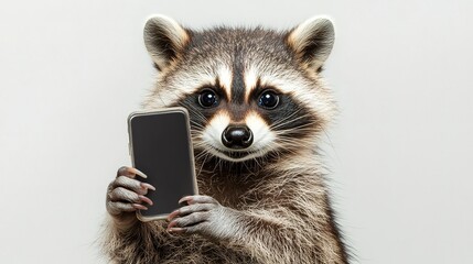 Obraz premium Close-up of an adult raccoon with a phone in his hand, taking a selfie against a white background. Cute animal image in a minimalist style