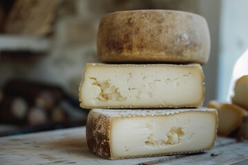 Closeup of handcrafted cheese wheels cut open to reveal texture, on a weathered kitchen table