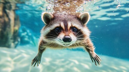 Fototapeta premium Adorable raccoon swimming underwater in a clear pool, showcasing its playful and curious nature.