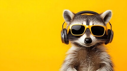 Fototapeta premium Cool raccoon dj wearing headphones grooving on vibrant yellow background with copy space. Banner