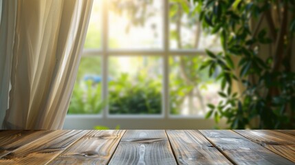 Focus View. Abstract Background of Empty Wood Table Top with Blurred Curtain and Bright Green Garden Colors