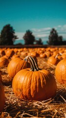 Wide-angle view of a vast pumpkin patch in the countryside during autumn, featuring countless orange pumpkins on straw-covered ground with trees and blue sky in the background