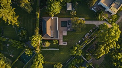 Top View House. Modern Home with Garden and Aerial View from Drone