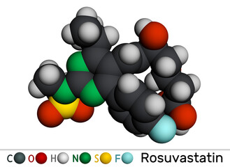 Rosuvastatin molecule. Statin, lipid-lowering drug. Molecular model. 3D rendering