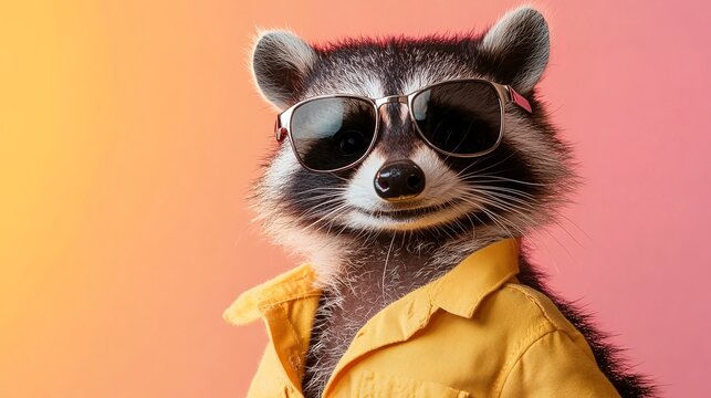 A raccoon wearing sunglasses and a yellow shirt is looking at the camera with a confident expression. The background is a gradient of orange and pink. 