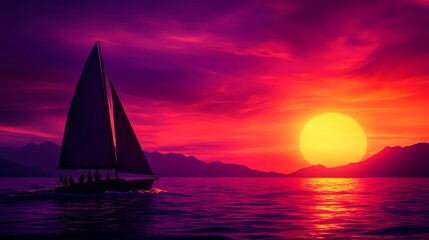 Fototapeta premium A serene sunset over calm waters, with a sailboat gently gliding towards the horizon, creating a tranquil atmosphere.