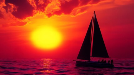 Fototapeta premium A serene sunset over the ocean with a sailboat silhouetted against vibrant colors, creating a peaceful and picturesque scene.