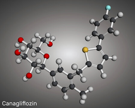 Canagliflozin molecule. It is antidiabetic medication, SGLT2 inhibitor. Molecular model. 3D rendering