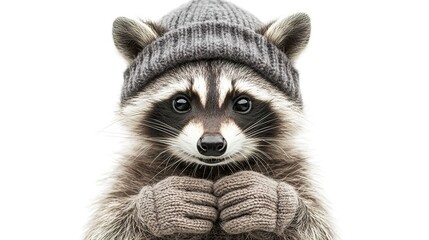 Fototapeta premium Endearing raccoon in a knitted beanie and gloves, ultra-sharp and clear, isolated on white background