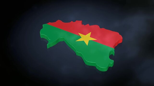 3D map of Burkina Faso rotating on a blue floor. The map is textured with the Burkina Faso flag, designed using a luma matte effect. 3D rendering