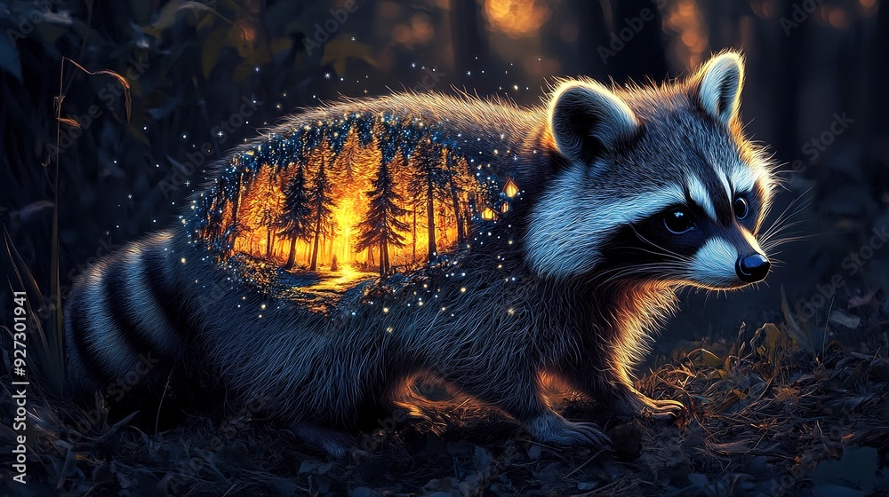 Canvas Prints A raccoon with a night forest scene within its body 