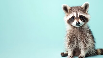 Obraz premium A happy Raccoon puppy sitting on a solid mint blue background with space above for text, illustration background 