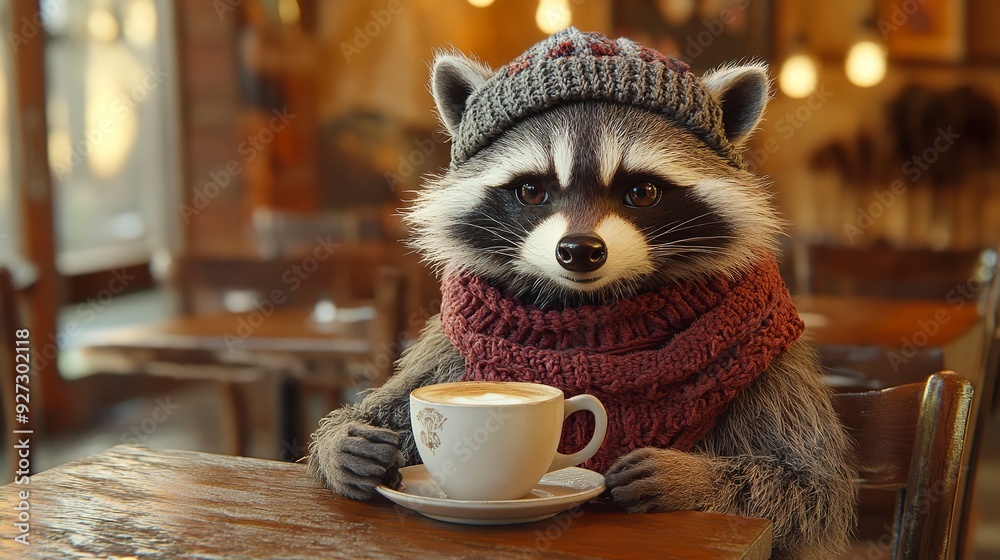 Wall mural Fashionable raccoon drinks coffee in a restaurant