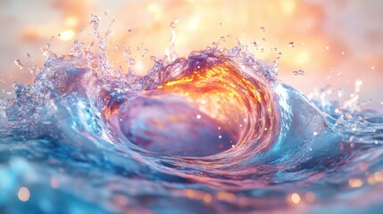 Cosmic Aquatic Fusion - Detailed Star System with Water Splash Effect in Rich Jewel Tones on White Background