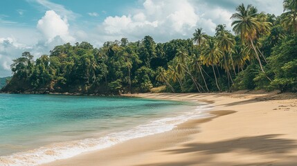 Fototapeta premium Escape to Paradise: Tranquil Beach with Palm Trees and Crystal Clear Waters