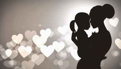 Mother and Child Silhouette with Heart-Shaped Bokeh Background