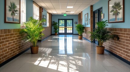 A bright, welcoming hallway adorned with potted plants and framed artwork, ideal for educational or commercial use.