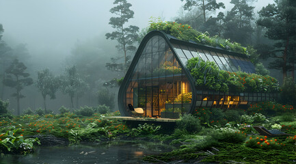 Modern Glass House in Foggy Forest 3D Illustration