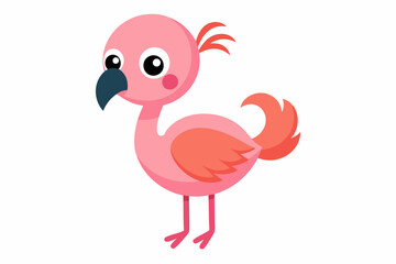 Cute baby flamingo with a happy face on a white background