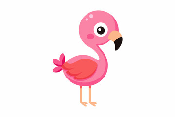 Cute baby flamingo with a happy face on a white background
