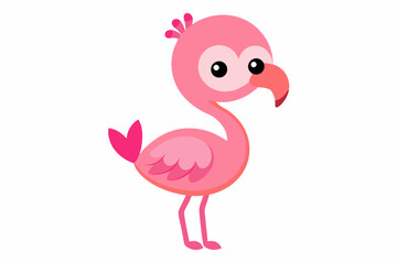 Cute baby flamingo with a happy face on a white background