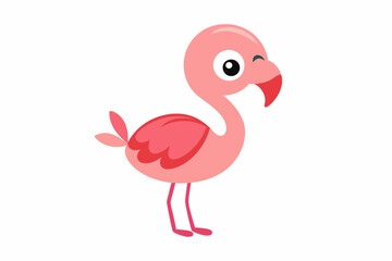 Cute baby flamingo with a happy face on a white background