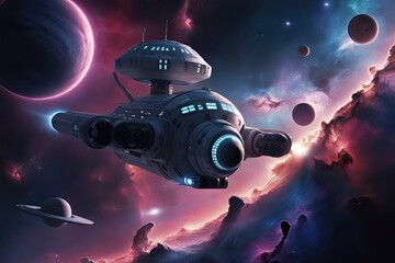 High Resolution 3D Visualization of a Futuristic Spacecraft Adventure in a Cosmic Nebula Galaxy