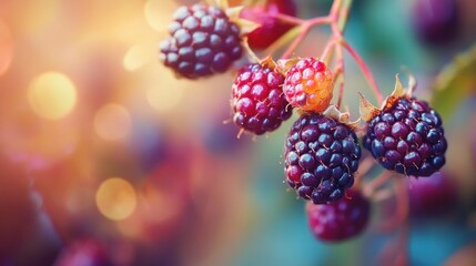 Close-up of ripe blackberries on a vine with a blurred background of vibrant colors.